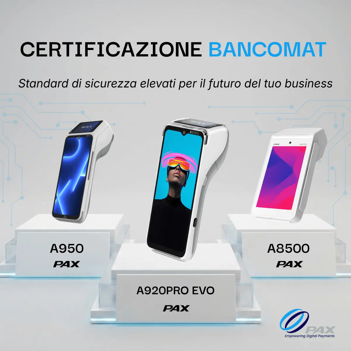 PAX Italia ottiene l'omologazione Bancomat per i terminali A950, A8500 e A920Pro doppio schermo